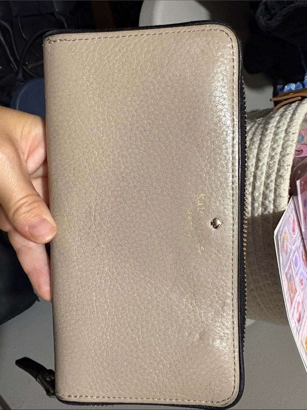 kate spade pebble leather zip-around wallet in taupe